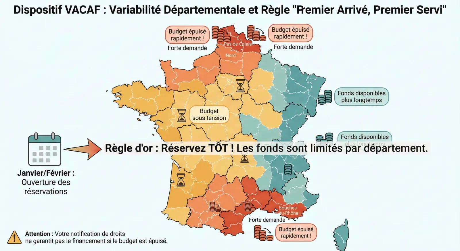 Carte de France illustrant les différences de montants VACAF selon les départements : chaque CAF définit ses propres barèmes et plafonds