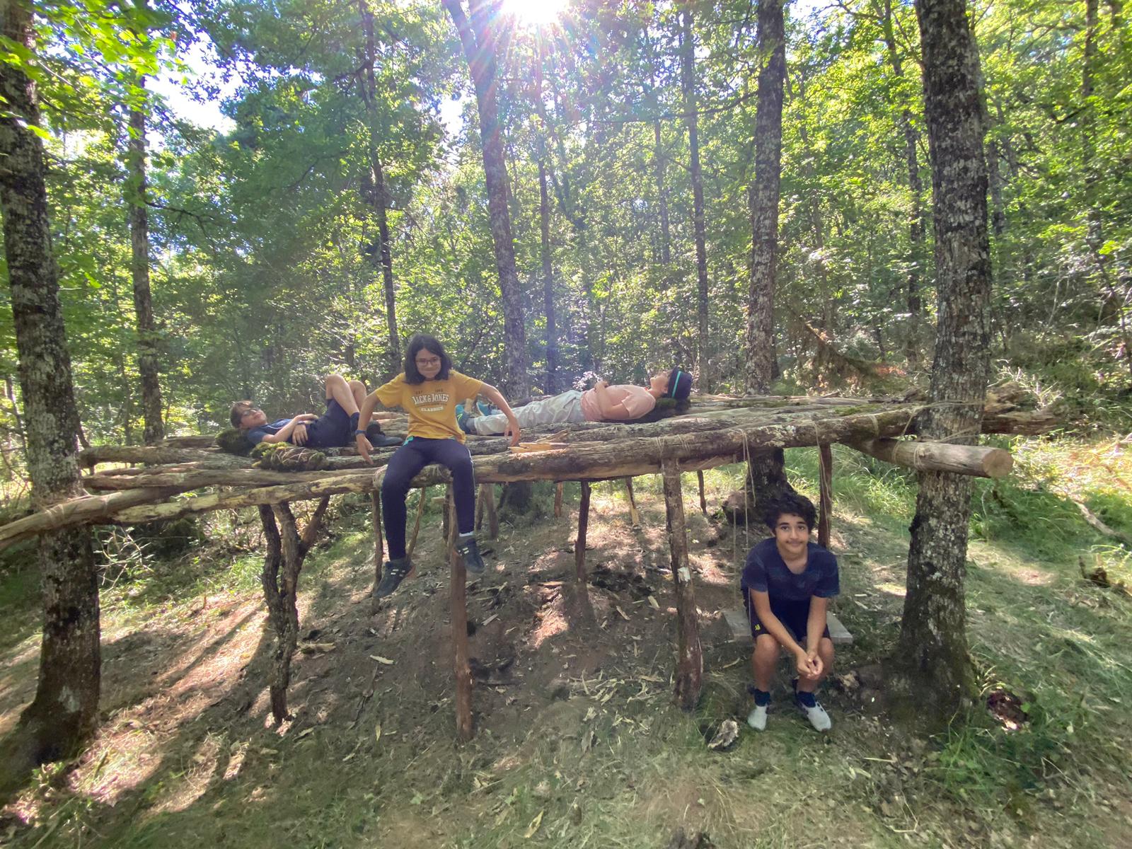 Jeunes utilisant branches et matériaux naturels pour bâtir leur cabane en autonomie