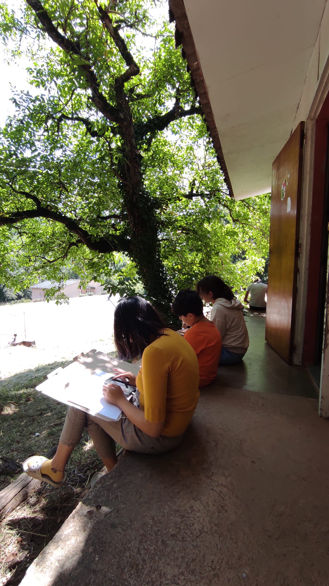 Groupe d'apprentis mangakas travaillant les perspectives en colonie de vacances