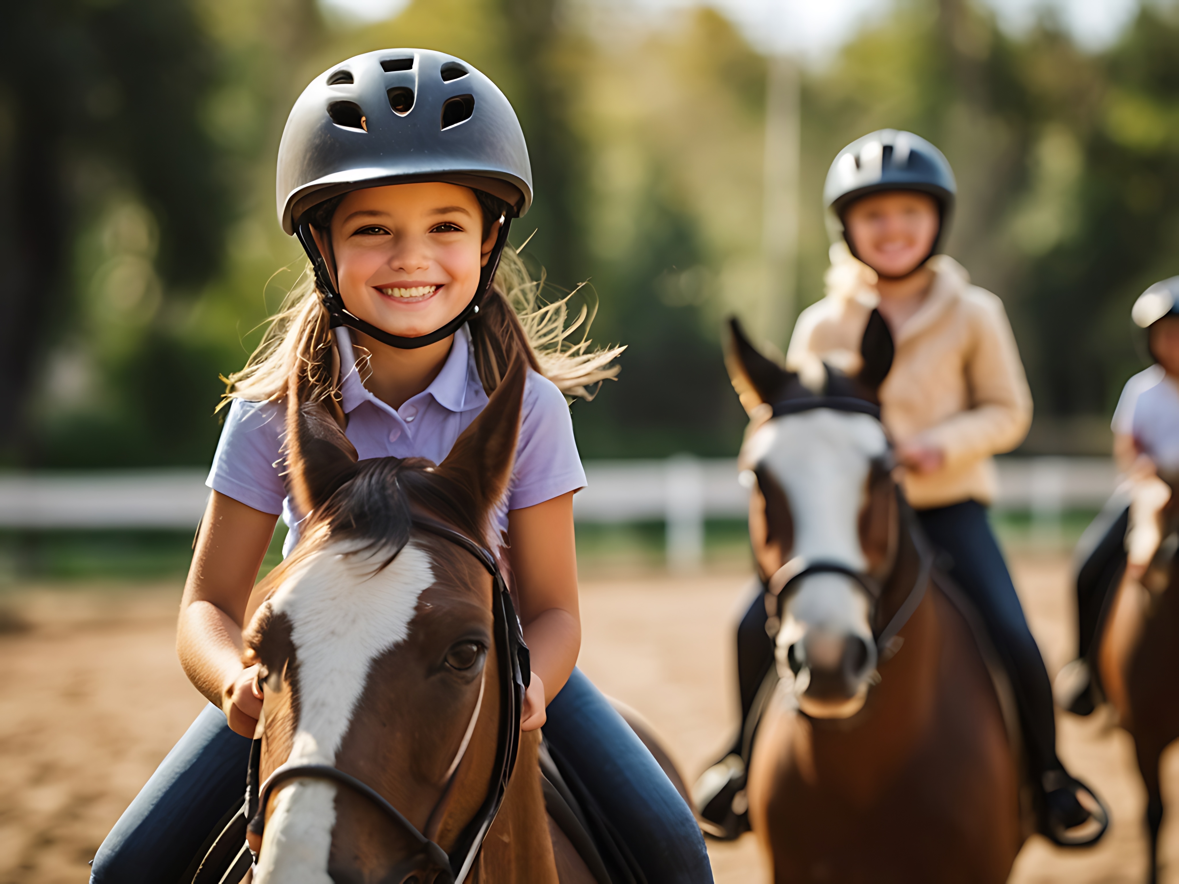 Groupe de débutants apprenant les règles de sécurité équestre lors d'un camp gocolo